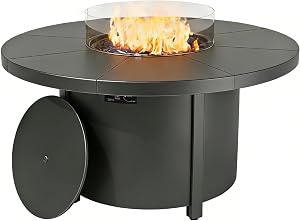 ASJMR 48 Inch Round Propane Fire Pit Table, 55000 BTU Auto-Ignition Gas Fire Pit with Stee