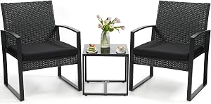 Skandiquip 3 Piece Outdoor Wicker Bistro Set, Rattan Patio Conversation Set with Coffee Ta