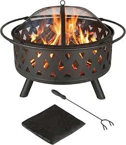Fire Pit - 32-Inch Outdoor Wood Burning Firepit with Screen, Poker, and Cover - Outdoor Fi