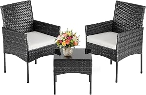 DUMOS 3-Piece Patio Furniture Set, All-Weather Outdoor Wicker Chairs with Removable Cushio