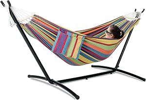GAFETE Double Hammock with Stand for Outside, Upgraded Spreader Bar, Heavy Duty Space Savi