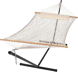 SUNCREAT Double Outdoor Hammock with Stand Included, Portable Cotton Rope 2 Person Hammock