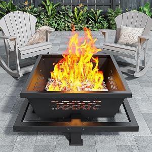 Auhilence 42" Large Fire Pit, Square Outdoor Fire Pit with Poker, Wood Burning FirePi