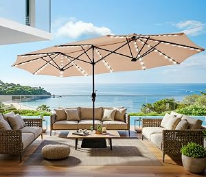 SUPERJARE 13ft Outdoor Patio Umbrella with Solar Lights, Double-sided Deck Pool Umbrella w