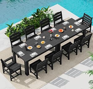SERWALL HDPE Dining Set for 10 – 2 Tables, 8 Armless + 2 Armchairs. Perfect for Garden, Ba