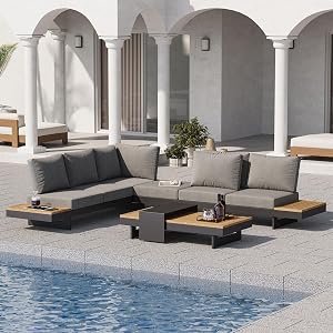 homary 4 Piece Outdoor Conversation Sets, Teak & Aluminum Modular Patio Sectional Sofa