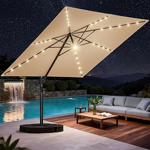 HOMSHADE 10 ft Square Cantilever Patio Umbrella with Base Included, Solar Lights Large Umb