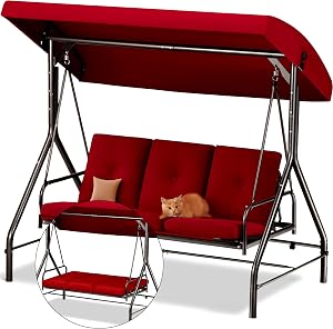 Porch Swing - 3-Seat Patio Outdoor Swing with Canopy for Adultes, Convertible Glider Bed, 