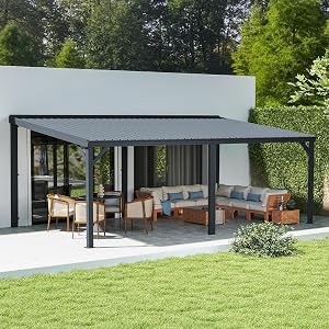 Domi 12' x 20' Lean to Gazebo, Wall Mounted Gazebos Pergola with Built in Drainage System,