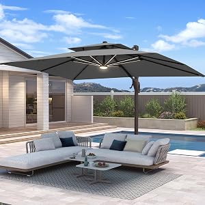 BreezyShade by King 10 X 13 FT Cantilever Patio Umbrella with Base Included & Led Ligh