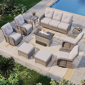 Aoxun 10-Piece Patio Furniture Set with 44” Fire Pit Table, Wicker Rattan Outdoor Sectiona