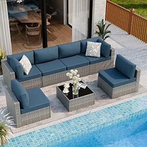 7 Piece Outdoor Patio Furniture Set,Silver PE Rattan Wicker Sectional Sofa, All Weather Co