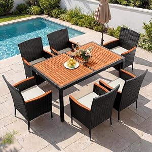 Devoko Dining 7 PCS Furniture, Patio Conversation Set with Acacia Wood Table Top, Outdoor,