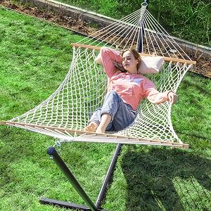 PNAEUT Double Rope Hammock with Stand Included, 12ft Heavy Duty Stand, 2 Person Traditiona